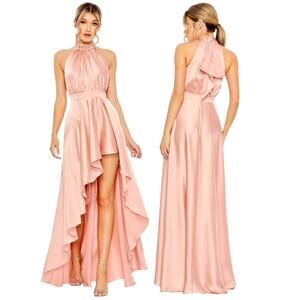Mac Duggal NWT Pink High Neck Halter Satin High Low Gown Size 6 Back Bow Knot